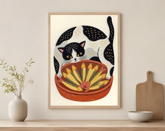 Cat and Sardines Printable, Whimsical Coastal Kitchen Wall Art