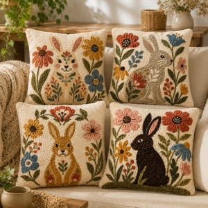May include: Four square throw pillows featuring textured punch needle embroidery. Each pillow displays a rabbit surrounded by colorful floral motifs in shades of orange, yellow, blue, and pink against an off-white background.