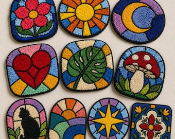 10 Stained Glass Coaster Patterns – Embroidery Templates for Punch Needle / Tufting (Printable PDF)