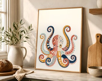 Whimsical Octopus Printable, Scandinavian Coastal Wall Art
