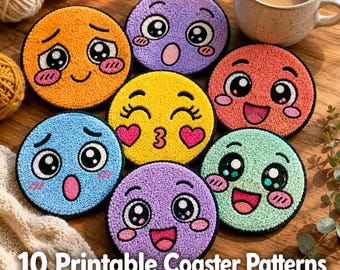 10 Moldes Kawaii para Porta-Copos com Carinhas Coradas – PDF para Imprimir / Bordado Punch Needle / Moldes para Tufting