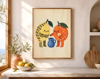 Grumpy Lemon and Orange Printable, Whimsical Citrus Wall Art