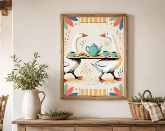 Geese Tea Tray Printable, Cream Background Kitchen Folk Art