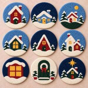 10 Snowy Cottage Coaster Patterns, Printable PDF Punch Needle & Tufting Templates