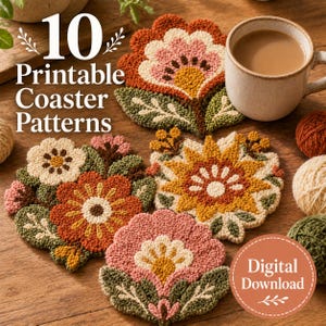 May include: A collection of colorful, floral-patterned coasters, with a cup of coffee. The coasters are in shades of pink, orange, yellow, and green. The image includes the text "10 Printable Coaster Patterns" and "Digital Download".