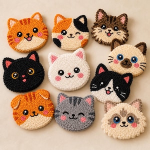 May include: A collection of ten round, crocheted cat-shaped coasters featuring various feline coat patterns including orange tabby, calico, brown tabby, black, white, tuxedo, and Siamese styles, each with embroidered facial features and pink cheeks.