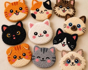 10 Moldes de Porta-Copos com Carinhas de Gato Kawaii – Bordado Punch Needle, Moldes para Tufting (PDF para Imprimir)