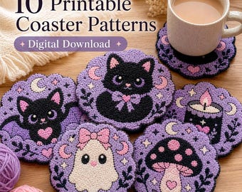 10 Spooky Gothic Halloween Horror Punch Needle Coaster Patterns (Printable PDF Tufting Templates)