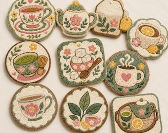 10 Tea Lover Coaster Patterns – Embroidery Templates for Punch Needle / Tufting (Printable PDF)