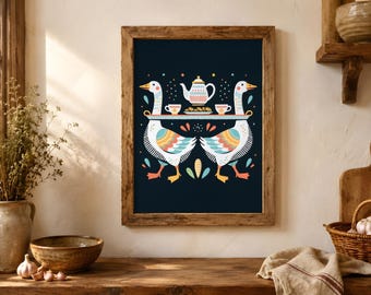 Geese Tea Tray Printable, Dark Navy Kitchen Folk Art