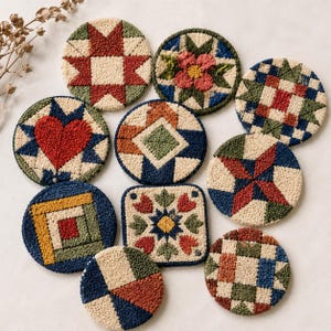 May include: A selection of ten colourful, handmade, round and square coasters. Each coaster displays a unique geometric or floral design in shades of red, blue, green, and beige. The coasters are made of a textured, looped material.
