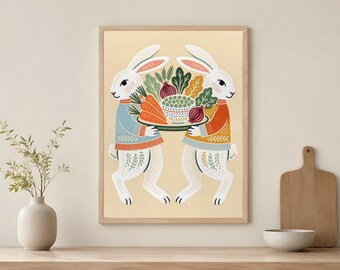 Rabbit Harvest Tray Printable, Farmhouse Vegetable Wall Art