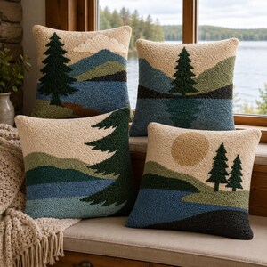4 Lake and Pine Tree Pillow Patterns, Embroidery Templates for Punch Needle and Tufting, Printable PDF