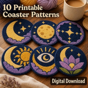 May include: A collection of six navy blue, circular coasters with celestial designs, including moons, stars, and suns, in yellow and purple. The text "10 Printable Coaster Patterns" and "Digital Download" are also visible.