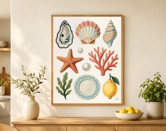 Coastal Curiosity Collection Printable, Shells Coral and Lemon Folk Art