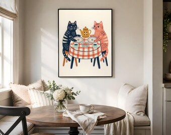 Cats at Tea Table Printable, Scandinavian Kitchen Folk Art
