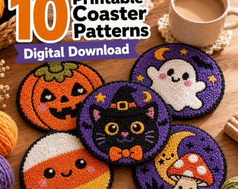 10 Moldes de Porta-Copos de Halloween, PDF Imprimível / Bordado Punch Needle / Moldes para Tufting