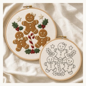 Gingerbread Christmas Hand Embroidery Patterns, Printable PDF in 3 Sizes, Outline and Color Guide