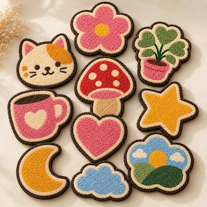 May include: A collection of colorful, embroidered coasters in various shapes, including a cat face, flower, mushroom, heart, star, and cloud. Each coaster features a detailed design with a textured appearance and a dark brown border. The coasters are designed for home decor.