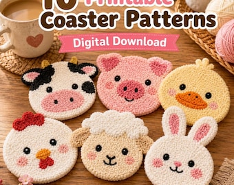 10 patrones de posavasos con animales de granja: plantillas imprimibles en PDF, para bordado con aguja perforadora o para mechones.