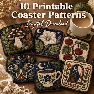 May include: Ten printable coaster patterns are displayed, featuring embroidered designs of a mushroom, flowers, and celestial elements. The square coasters showcase detailed, colourful artwork. A cup of coffee is also visible in the image.