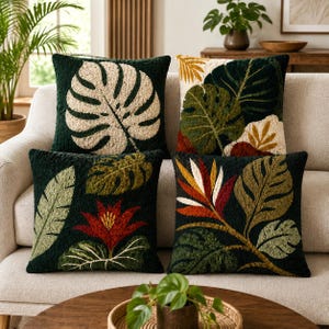 4 Dark Green Botanical Punch Needle Pillow Patterns, Punch Needle and Tufting Embroidery Templates, Printable PDF
