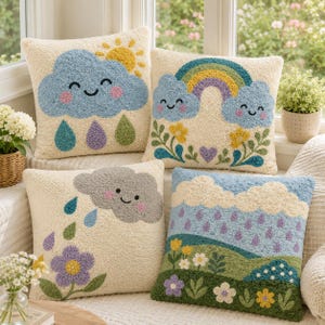 May include: Four square throw pillows with textured punch needle embroidery. Designs include a smiling blue cloud with sun and raindrops, a rainbow between two clouds with flowers, a gray cloud with a purple flower, and a landscape with rain and flowers.
