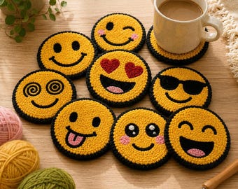 10 padrões de porta-copos com sorrisos, moldes para bordado punch needle, designs de mini tapetes para canecas com tufagem, download digital