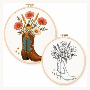 May include: Two circular wooden embroidery hoops containing fabric with designs of a cowboy boot filled with flowers. One hoop features a full-color embroidered boot with pink, yellow, and white flowers, while the other shows a black line art outline.