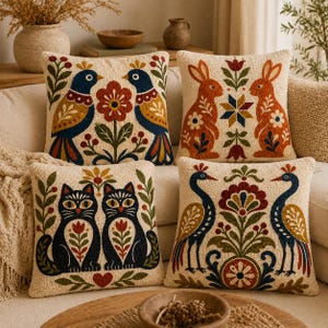 May include: Four square throw pillows with cream-colored fabric and textured, multi-colored embroidery. Designs include two blue birds, two orange rabbits, two black cats, and two peacocks, all surrounded by floral and botanical motifs.