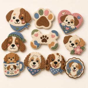 May include: A collection of ten decorative punch needle patches featuring various dog designs, including puppy faces, a paw print, a bone shape, and a dog in a mug, all crafted with textured yarn in shades of brown, blue, pink, and cream.