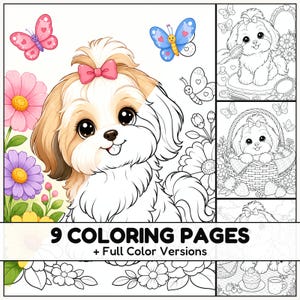 May include: A digital colouring book collection featuring 9 colouring pages and full colour versions. The main image shows a Shih Tzu puppy with a pink bow, surrounded by colourful flowers and butterflies, with a partial black and white line art effect.