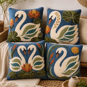 4 Swan & Water Plant Pillow Patterns, Punch Needle Embroidery Tufting Templates (Printable PDF)