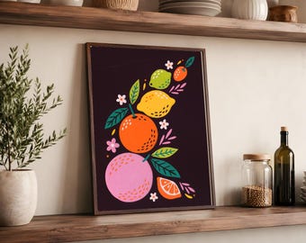 Toppling Citrus Tower Printable, Colorful Kitchen Folk Art