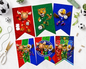 Mundial 2026 - 10 Banderas Imprimibles con Mascotas Oficiales, Pancarta para Fiesta de Fútbol, Decoración para Torneo de Fútbol