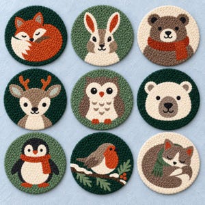 May include: A set of nine circular coasters featuring textured punch needle designs of various animals including a fox, rabbit, bear, deer, owl, polar bear, penguin, robin, and cat, each set against a solid colored background.