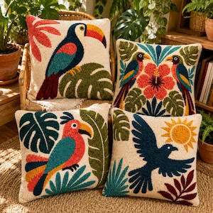 4 Tropical Jungle Birds Punch Needle Pillow Patterns, Punch Needle Tufting Templates (Printable PDF)