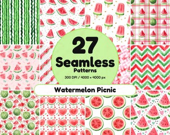 27 Watermelon Picnic Seamless Patterns, Summer Digital Paper, Watercolor Fruit Backgrounds