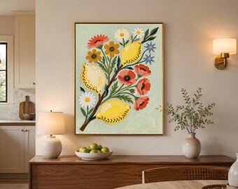 Lemon Branch and Wildflowers Printable, Mediterranean Botanical Art