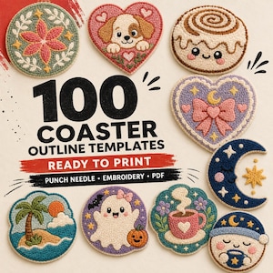 Peut inclure: Une collection de modèles de sous-verres en punch needle incluant un mandala floral, un chiot en cœur, un roulé à la cannelle, un nœud, un croissant de lune, un palmier, un fantôme, une tasse de café et un visage endormi, avec le texte 100 COASTER OUTLINE TEMPLATES.