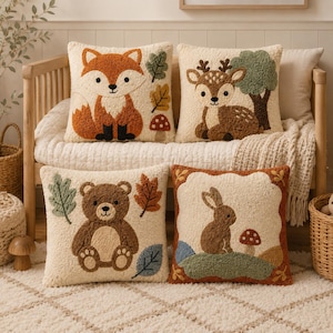 4 Woodland Nursery Pillow Patterns, Punch Needle and Tufting Embroidery Templates, Printable PDF