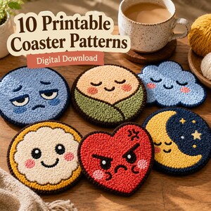 Puede incluir: Una colección de posavasos hechos a mano y coloridos con varios diseños, incluyendo una cara azul triste, una nube sonriente y un corazón rojo enfadado. Los posavasos son redondos y están hechos de un material texturizado. El texto de la imagen dice "10 Printable Coaster Patterns" y "Digital Download."
