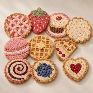Könnte beinhalten: Eine Sammlung von zehn runden und geformten Punch-Needle-Untersetzern mit Lebensmittelmotiven, darunter eine Erdbeere, ein Cupcake, eine Waffel mit Butter, ein Macaron, eine Blaubeertarte, ein herzförmiger Keks und verschiedene gemusterte Gebäckstücke.
