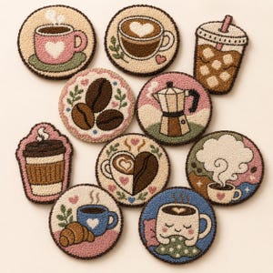 10 Coffee Lover Coaster Patterns – Embroidery Templates for Punch Needle / Tufting (Printable PDF)