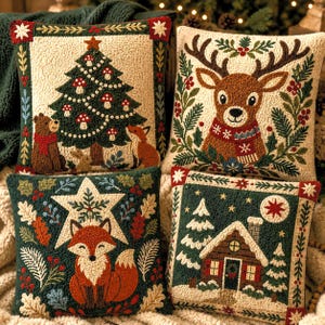 Può includere: Quattro cuscini quadrati con disegni a punto croce testurizzati. Uno mostra un albero di Natale con un orso e una volpe, uno una renna, uno una volpe con una stella e uno una baita innevata. I cuscini usano una palette di crema, verde e rosso.