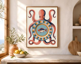 Octopus and Ceramic Plate Printable, Mediterranean Kitchen Decor