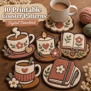 May include: A collection of ten printable coaster patterns with a digital download option. The coasters feature various designs, including a teacup, candle, book, and journal, all with floral and heart motifs. The coasters are in shades of cream, brown, and pink.