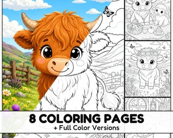 Highland Cow Coloring Pages with Full Color References for Kids and Farm Animal Lovers
