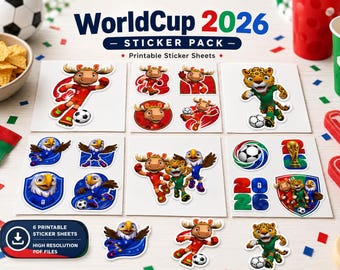 Pacote de adesivos com mascotes da Copa do Mundo de 2026 / Fundo transparente / Folhas imprimíveis para festa de futebol (Download digital)