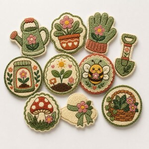 May include: A collection of ten punch needle patches featuring garden-themed designs including a watering can, potted flower, gardening glove, shovel, jar with a flower, sun with a sprout, bee, mushroom, sun hat, and a basket of flowers.